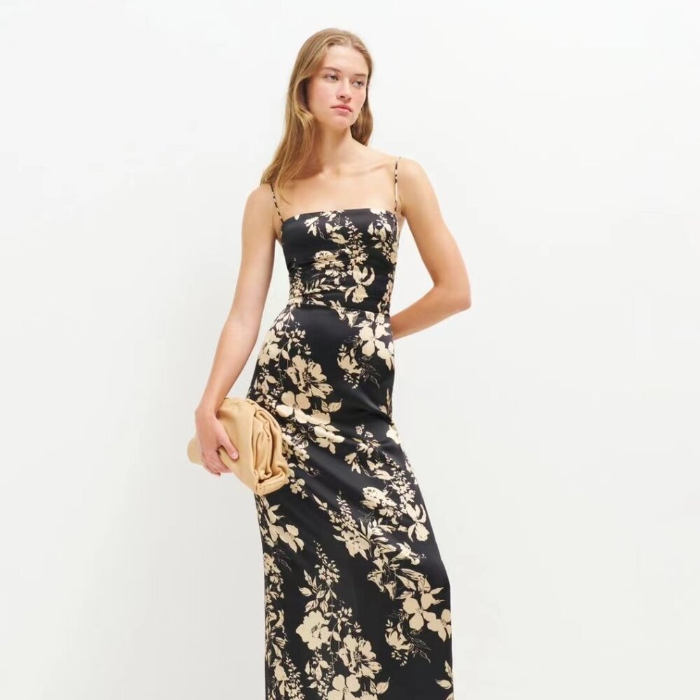 Reformation Black Maxi Dress with Cream Floral Print